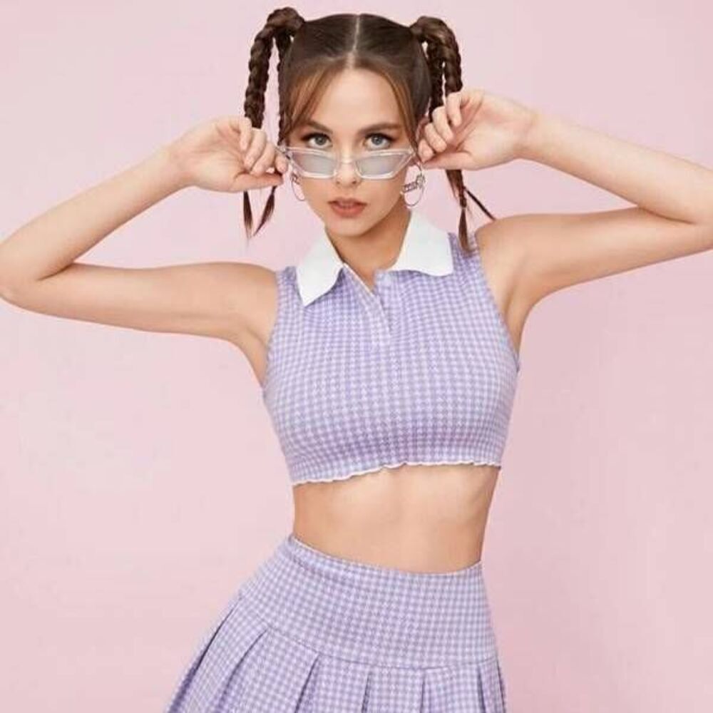 Shein Houndstooth Purple Collared Cropped Polo Tee